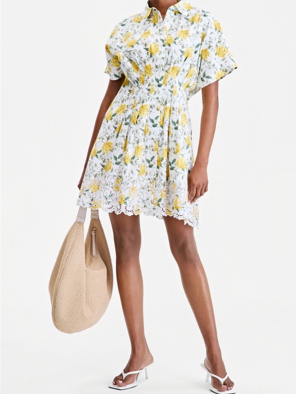 White Floral Button-Front Mini Dress with Yellow flower Print